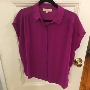 Magenta button down short sleeve blouse